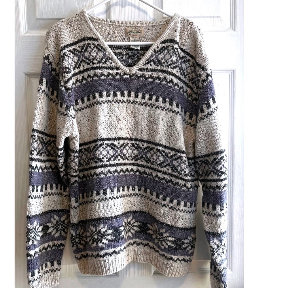 St Johns Bay Womens 2X Fair Isle Snowflake V Neck Sweater Tan Grey Black VTG 80s